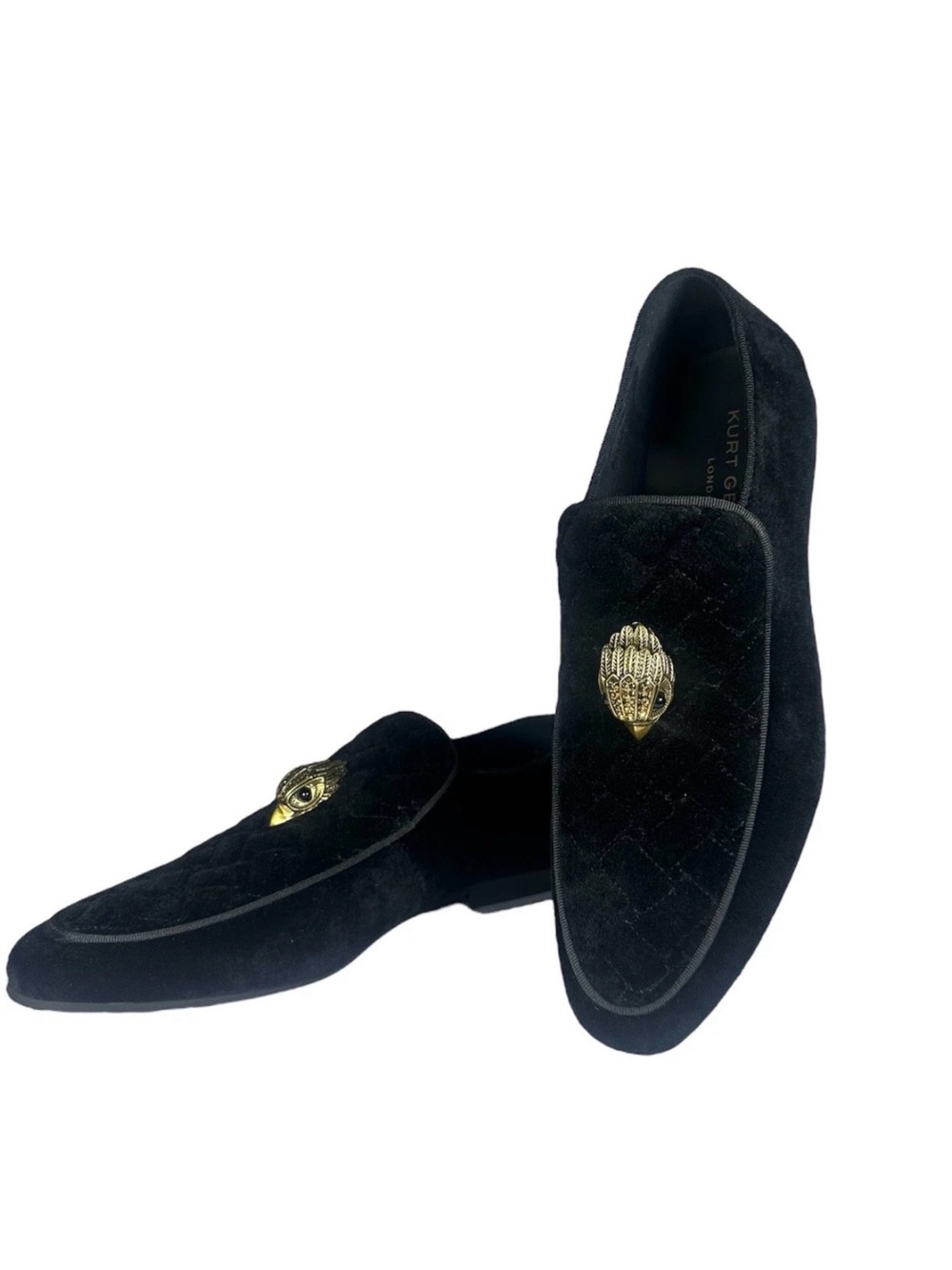 Kurt Geiger Men’s Black Quilted Velvet Loafers with Gold Emblem